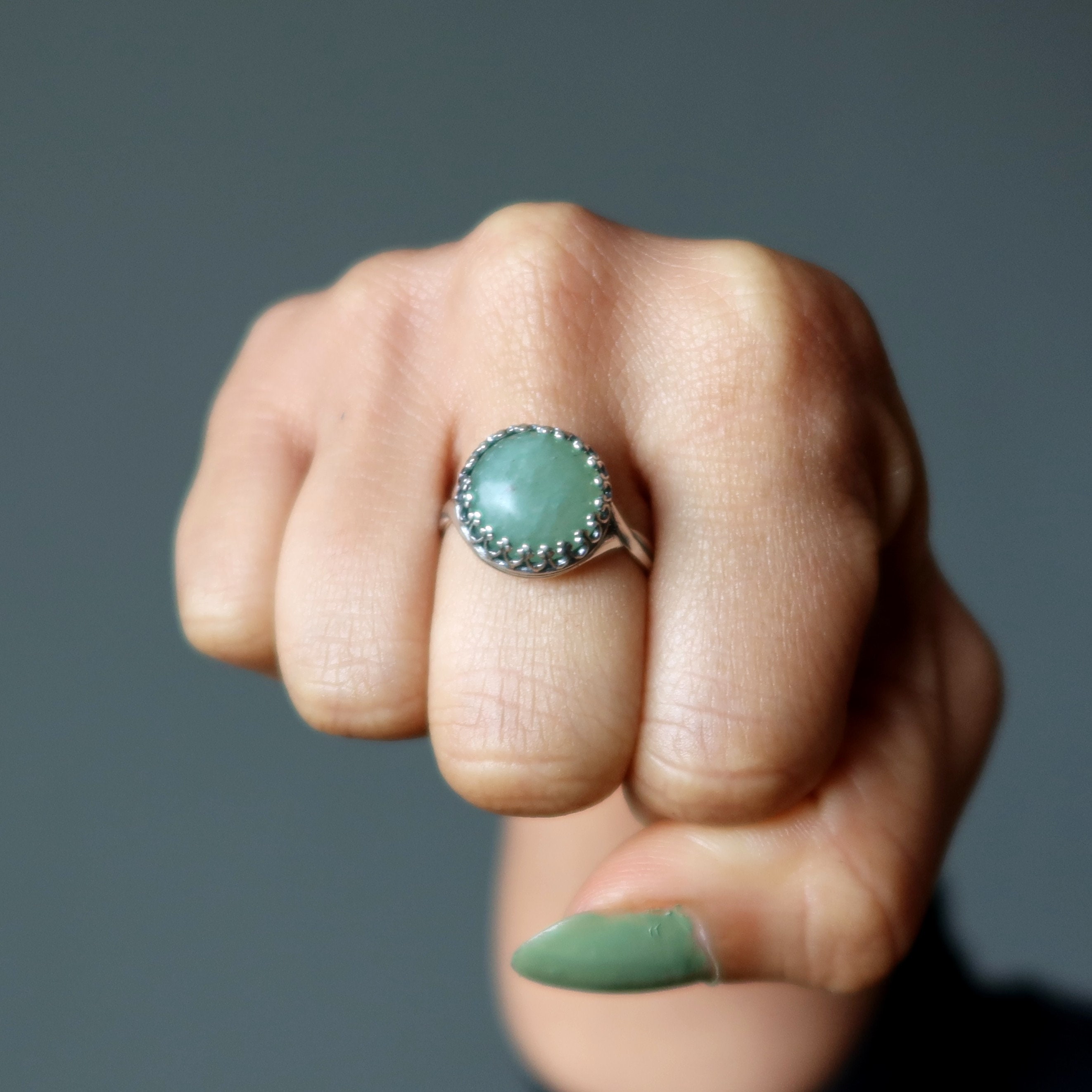 Green Aventurine Ring I See Money Round Gem Sterling Silver