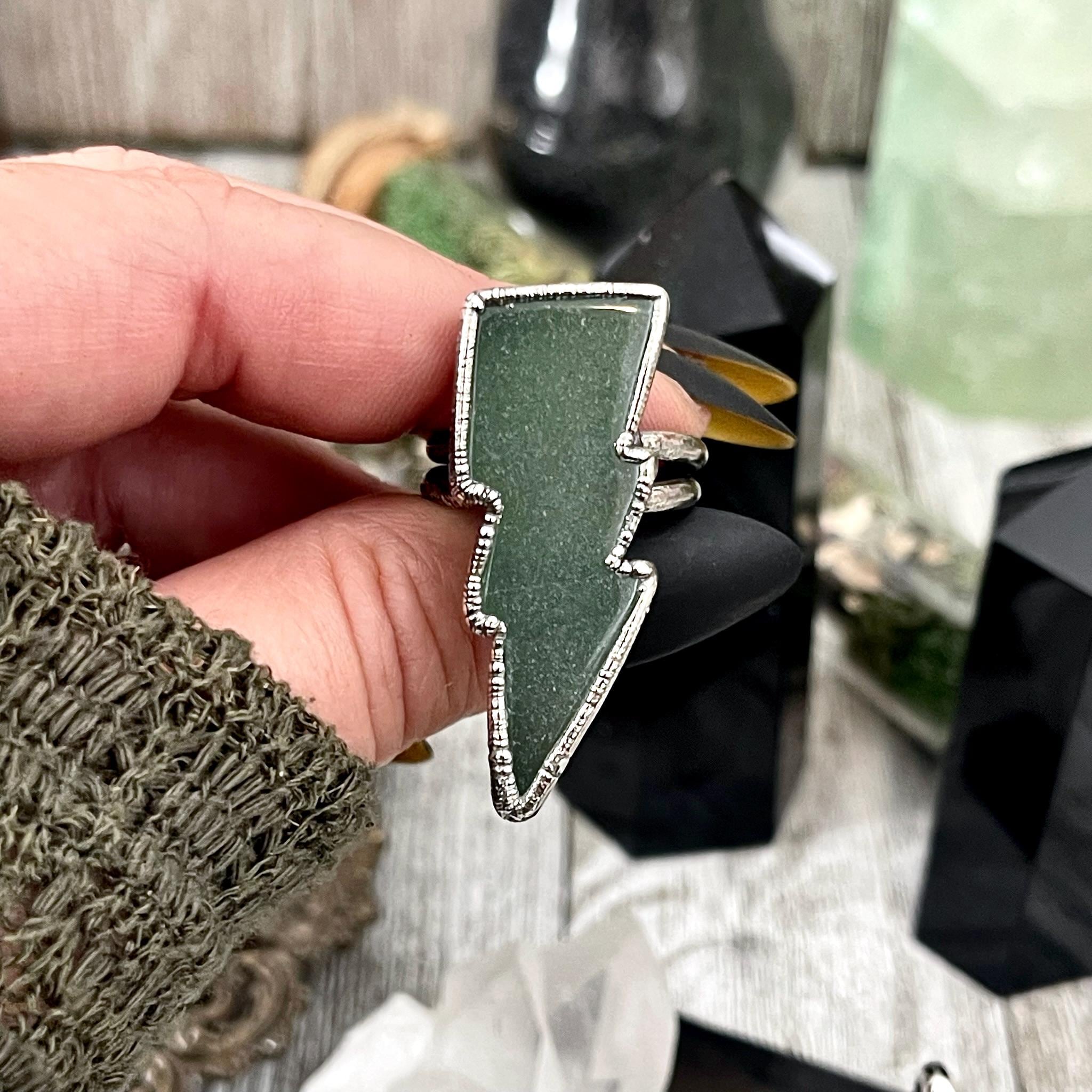 Green Aventurine Lightning Bolt Ring Size 6 7 8 9 10 11 / Foxlark Collection /  Crystal Ring Gothic Ring Halloween Jewelry Punk Rock Ring
