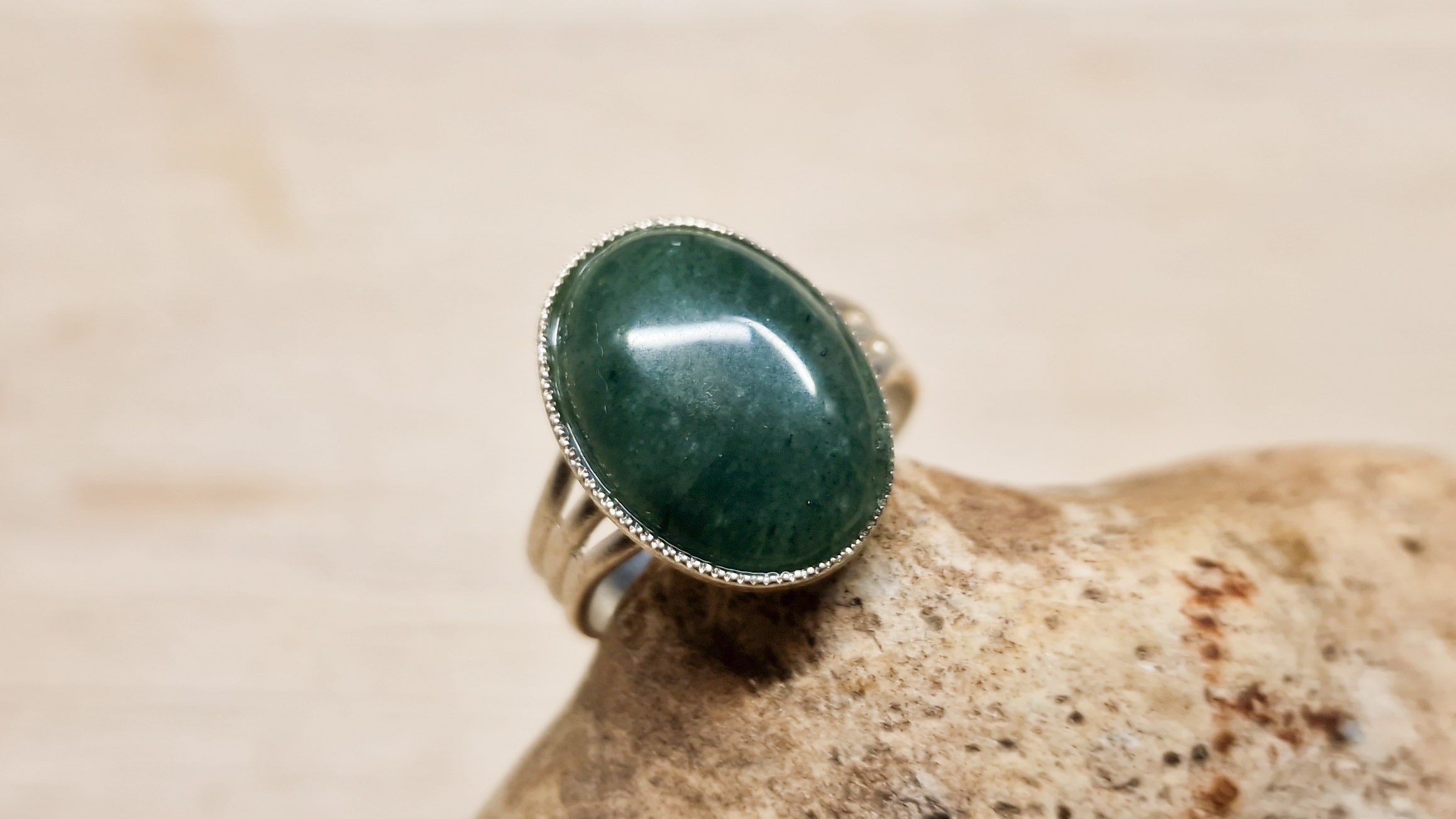Green Aventurine Ring. Silver Plated. Adjustable. 18x13mm Stone. Reiki Jewellery Uk