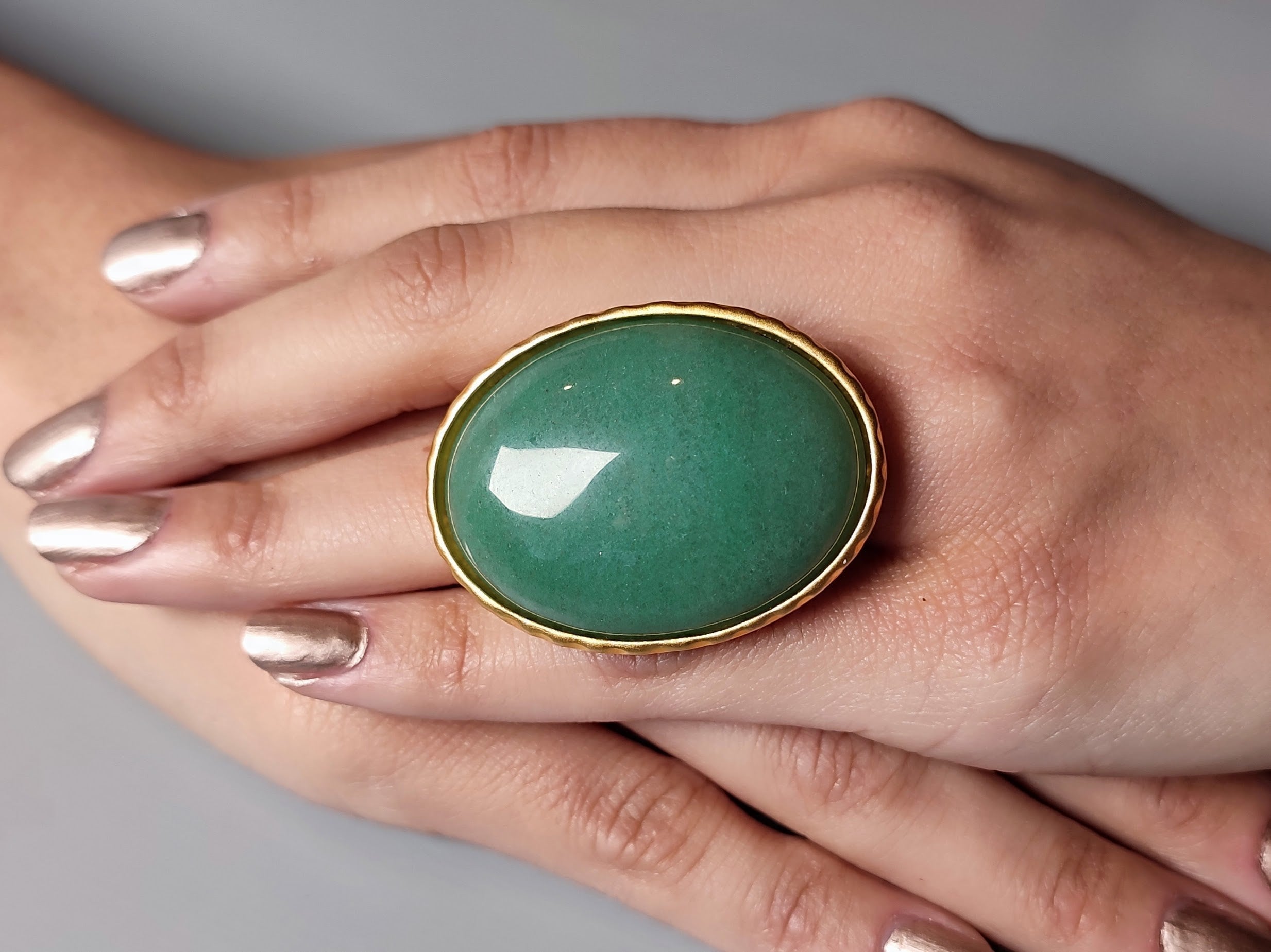 Handmade Gold Plated Aventurine Statement Ring - Adjustable