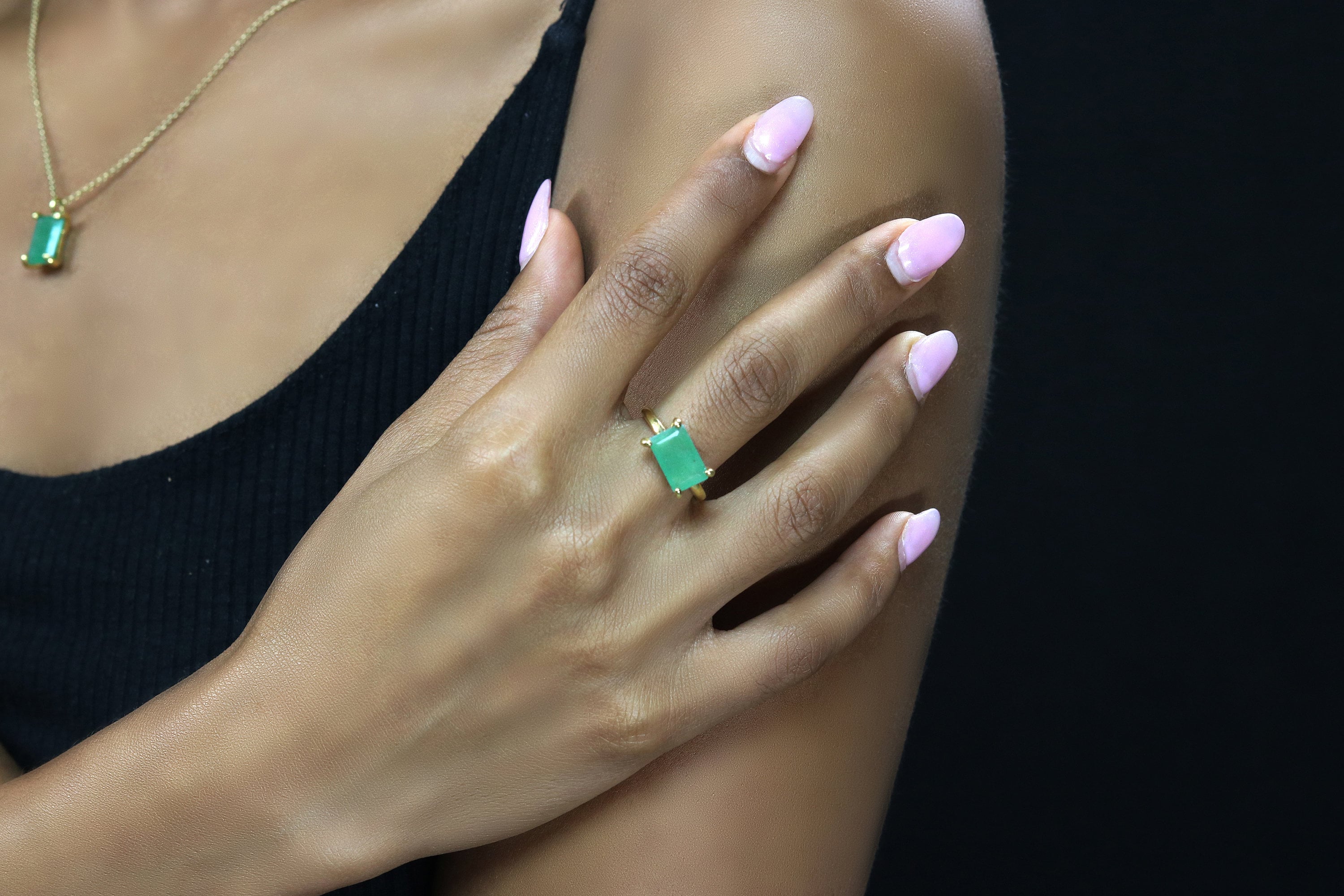 Horizontal Prong Set Green Aventurine Ring · 14k Gold Solitaire Green Ring · Green Gemstone Ring · Rectangle Stone Ring
