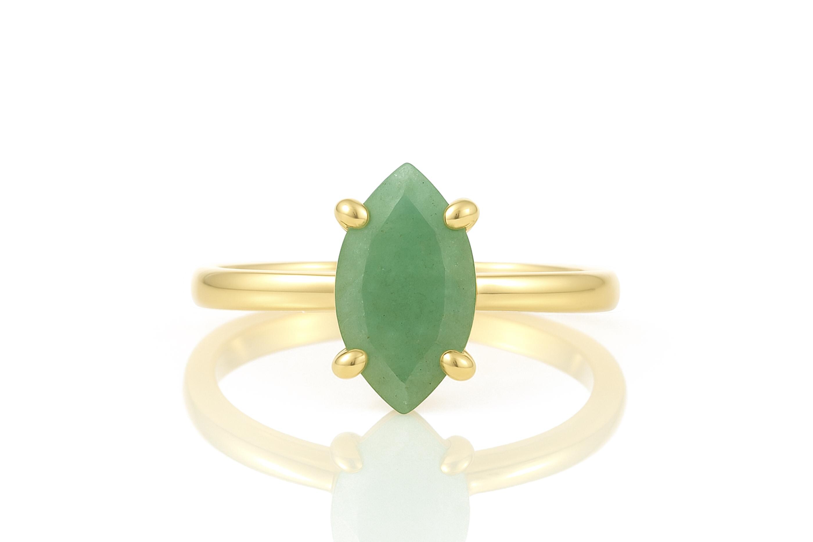 Marquise Cut Gemstone Ring · Gold Aventurine Ring · Solitaire Ring Gold  · 18k Stacking Ring For Women