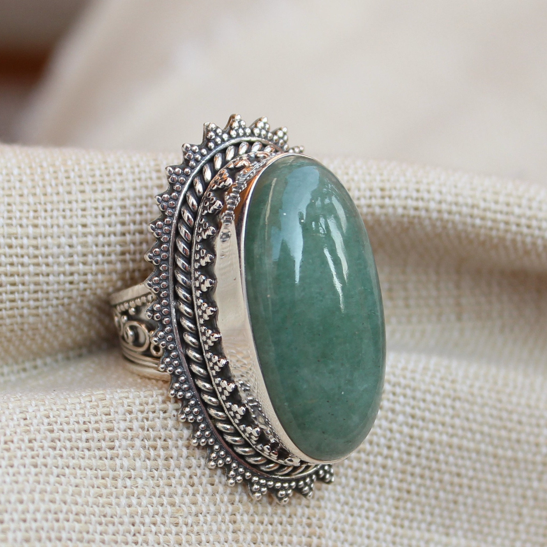 Natural Green Aventurine Sterling Silver Handmade Statement Ring, Gift For, Boho Ring, Emerald Green Color, Cabochon Size Gemstones Jewelry Natural Green Aventurine Sterling Silver Handmade Statement Ring, Gift For, Boho Ring, Emerald Green Color, Cabochon Size Gemstones Jewelry