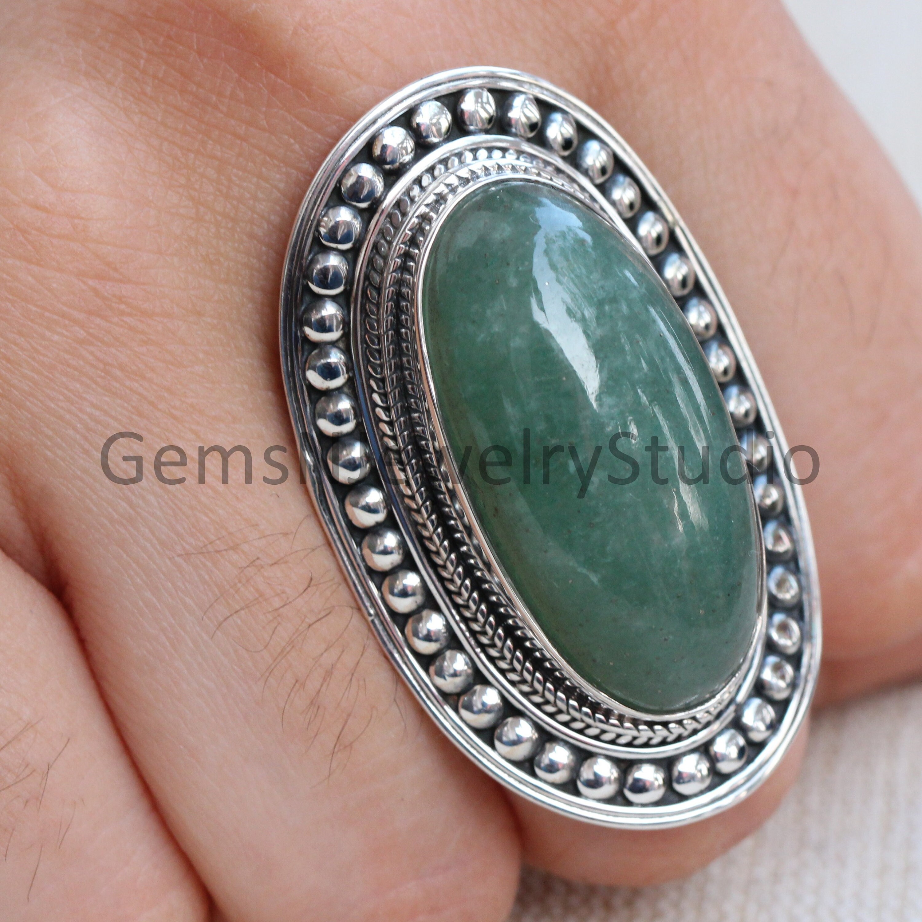 Natural Green Aventurine Ring, Sterling Silver Handmade Statement Jewelry, Gift For Her, Boho Ring, Gemstones Jewelry, Classic Heavy Rings