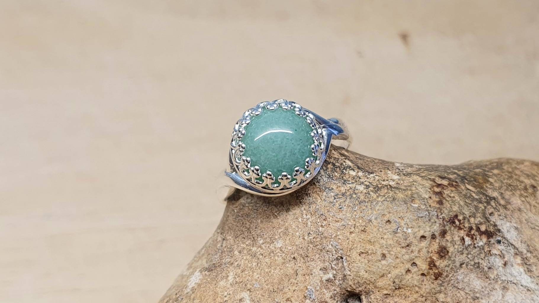 Round Green Aventurine Ring. 925 Sterling Silver Rings For Women. Crystal Reiki Jewelry Uk. Adjustable Ring. Gift For Her Birthday.