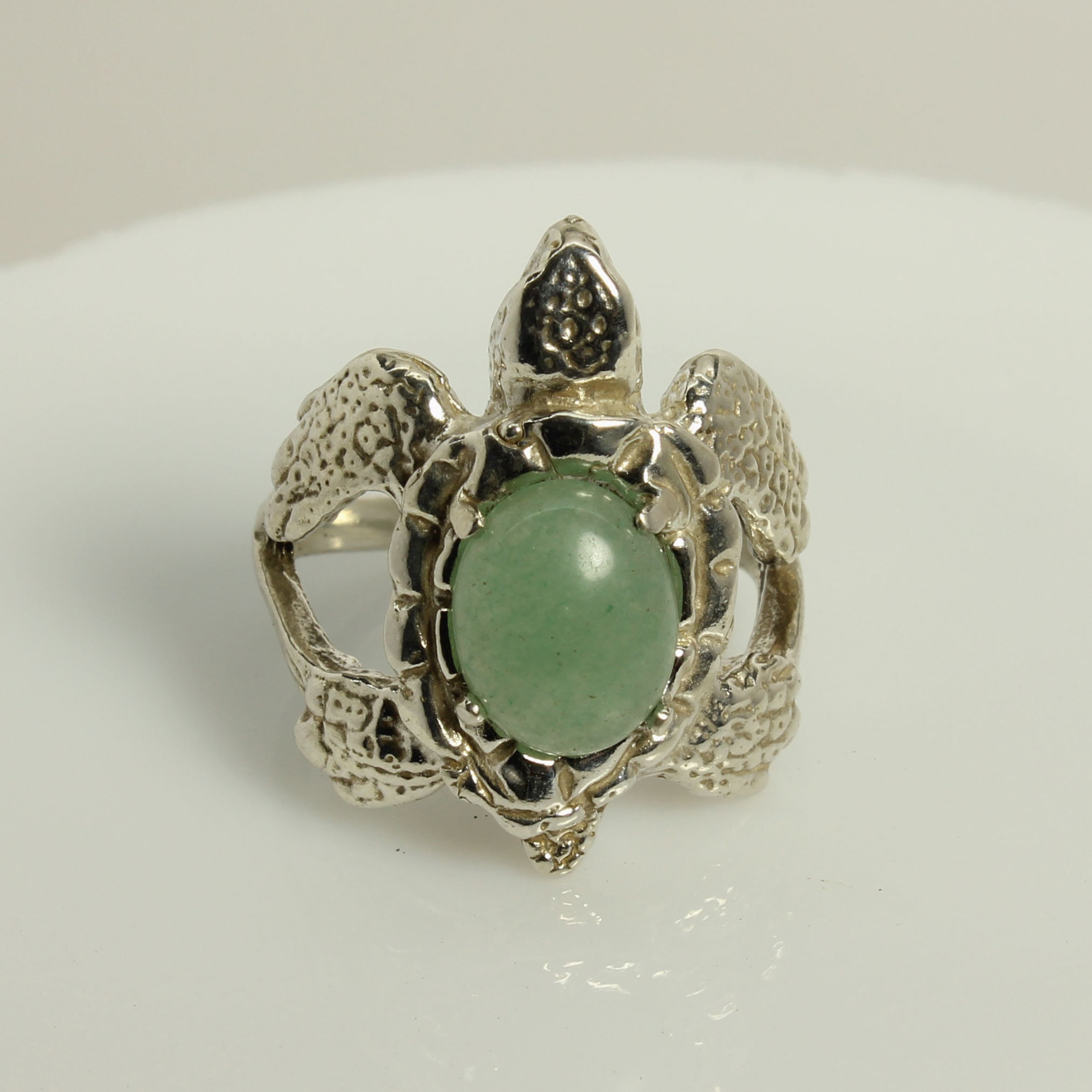 Turtle Silver Ring, Sea Turtle, Green Aventurine Oval Cabochon, Sterling Silver Sizes 7, 9 Turtle Silver Ring, Sea Turtle, Green Aventurine Oval Cabochon, Sterling Silver Sizes 7, 9