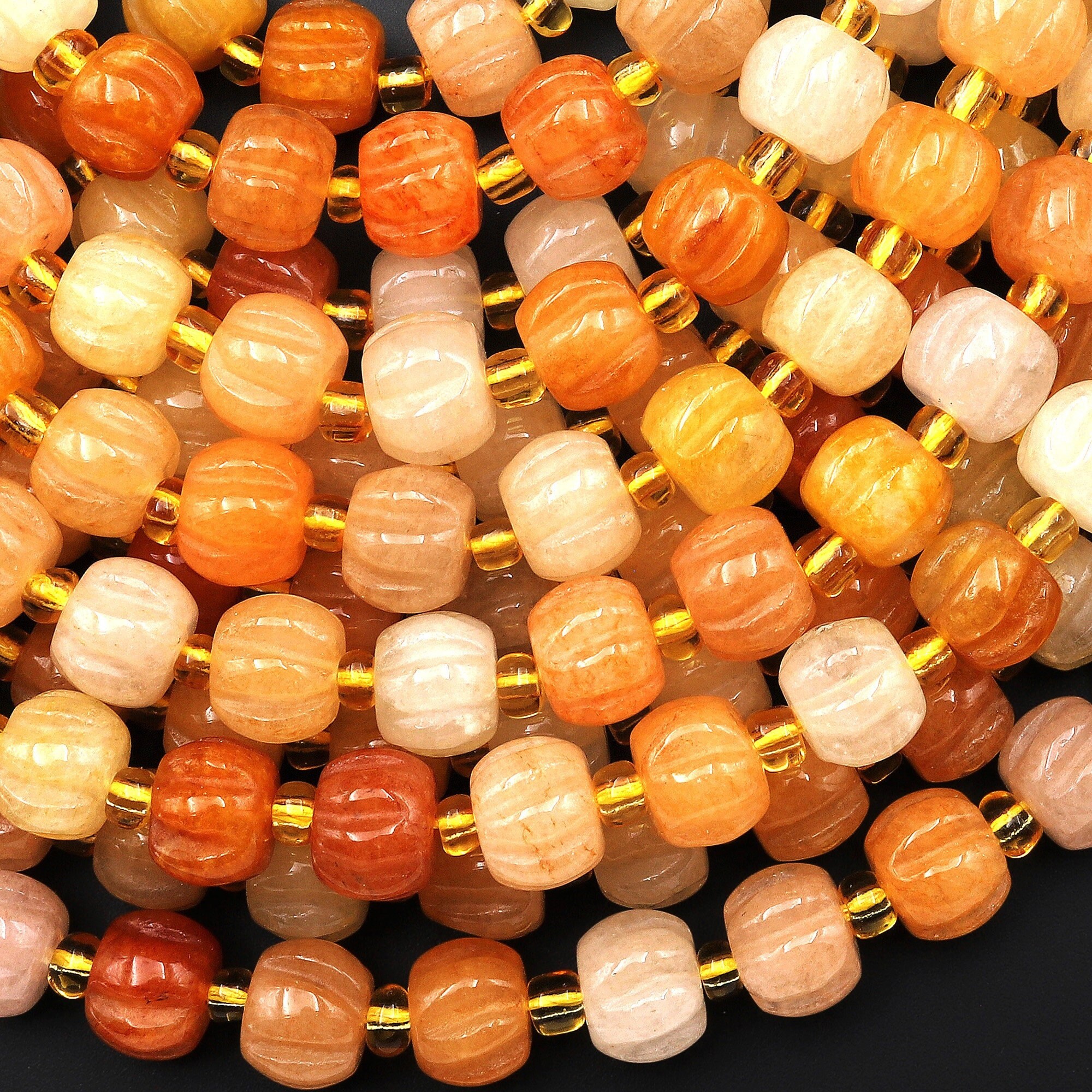 Hand Carved Natural Orange Aventurine 10mm 12mm Pumpkin Melon Rondelle Beads 15.5" Strand Hand Carved Natural Orange Aventurine 10mm 12mm Pumpkin Melon Rondelle Beads 15.5" Strand