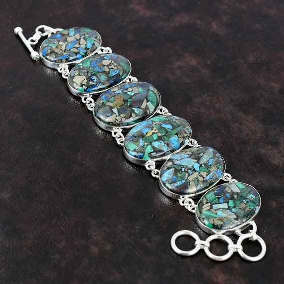 Copper Azurite Malachite Bracelet: Handmade 925 Sterling Silver Adjustable Chain