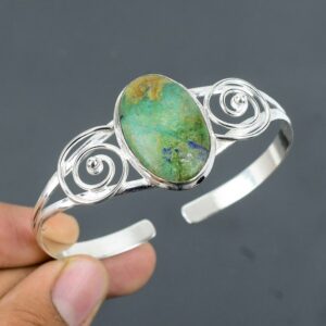 Azurite Gemstone Bangle: Handmade 925 Sterling Silver Adjustable Cuff