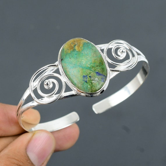 Azurite Gemstone Bangle: Handmade 925 Sterling Silver Adjustable Cuff