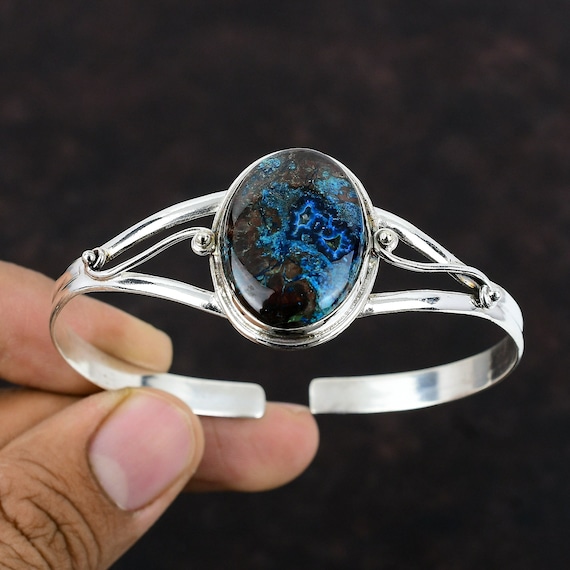 Handmade Boulder Azurite Cuff: 925 Sterling Silver Adjustable Bangle