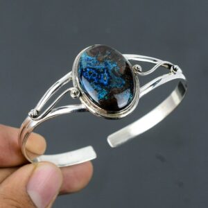 Handmade Boulder Azurite Cuff Bracelet: 925 Sterling Silver Adjustable Bangle