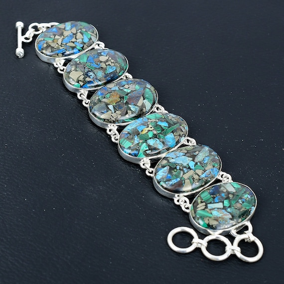 Handmade Copper Azurite Malachite Bracelet: Sterling Silver Adjustable Chain