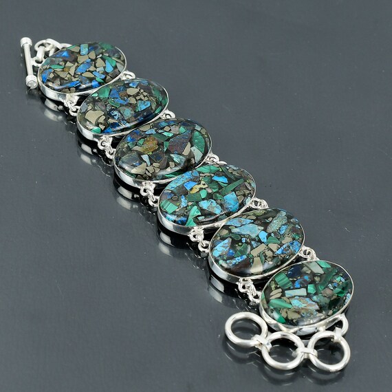 Handmade Copper Azurite Malachite Bracelet, 925 Sterling Silver, Adjustable
