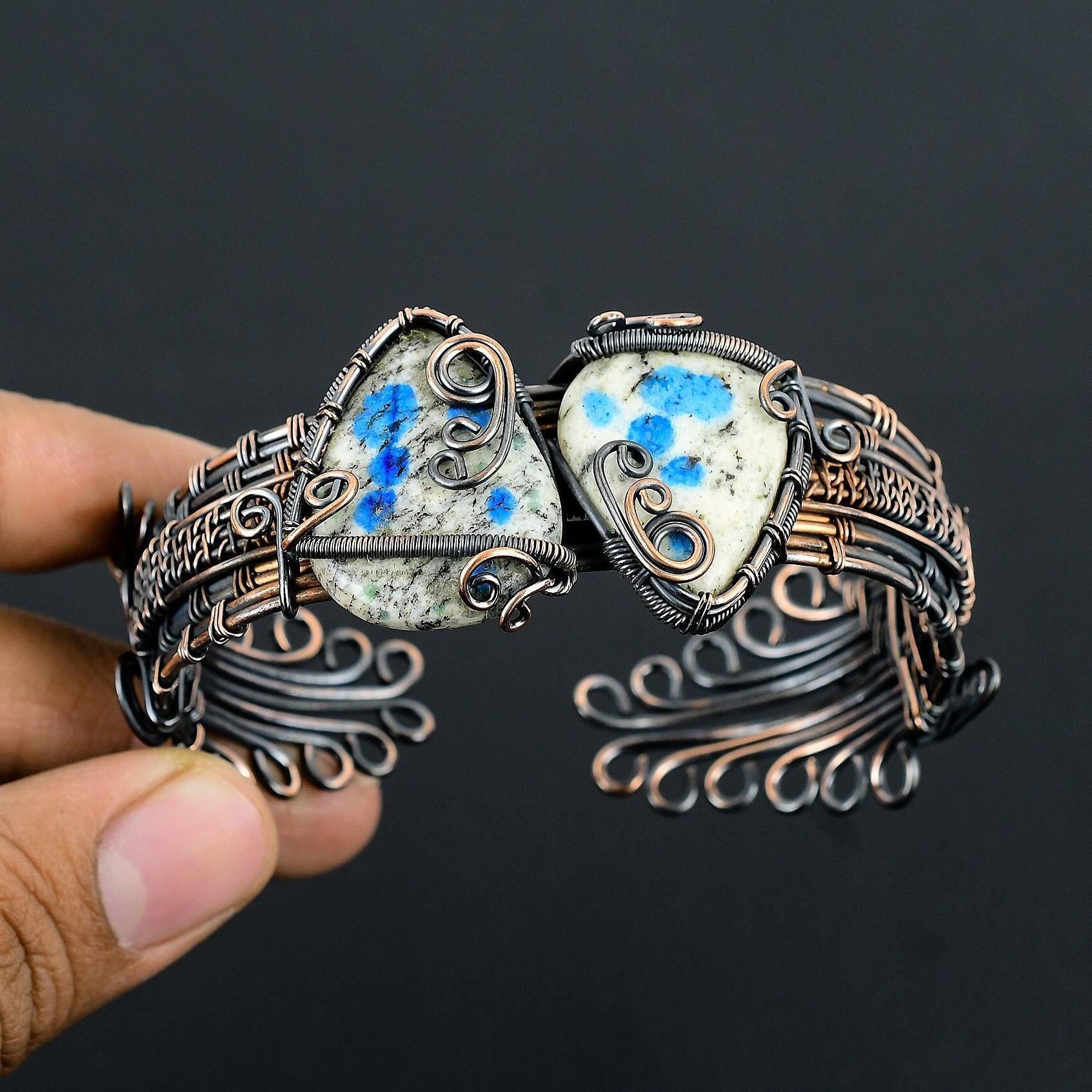 K2 Azurite Gemstone Copper Cuff Bracelet, Wire Wrapped Oxidized Handmade Jewelry, Adjustable Bangle