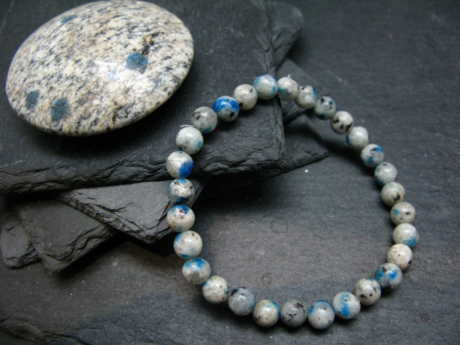 K2 Azurite In Granite Genuine Bracelet ~ 7 Inches  ~ 6mm Round Beads