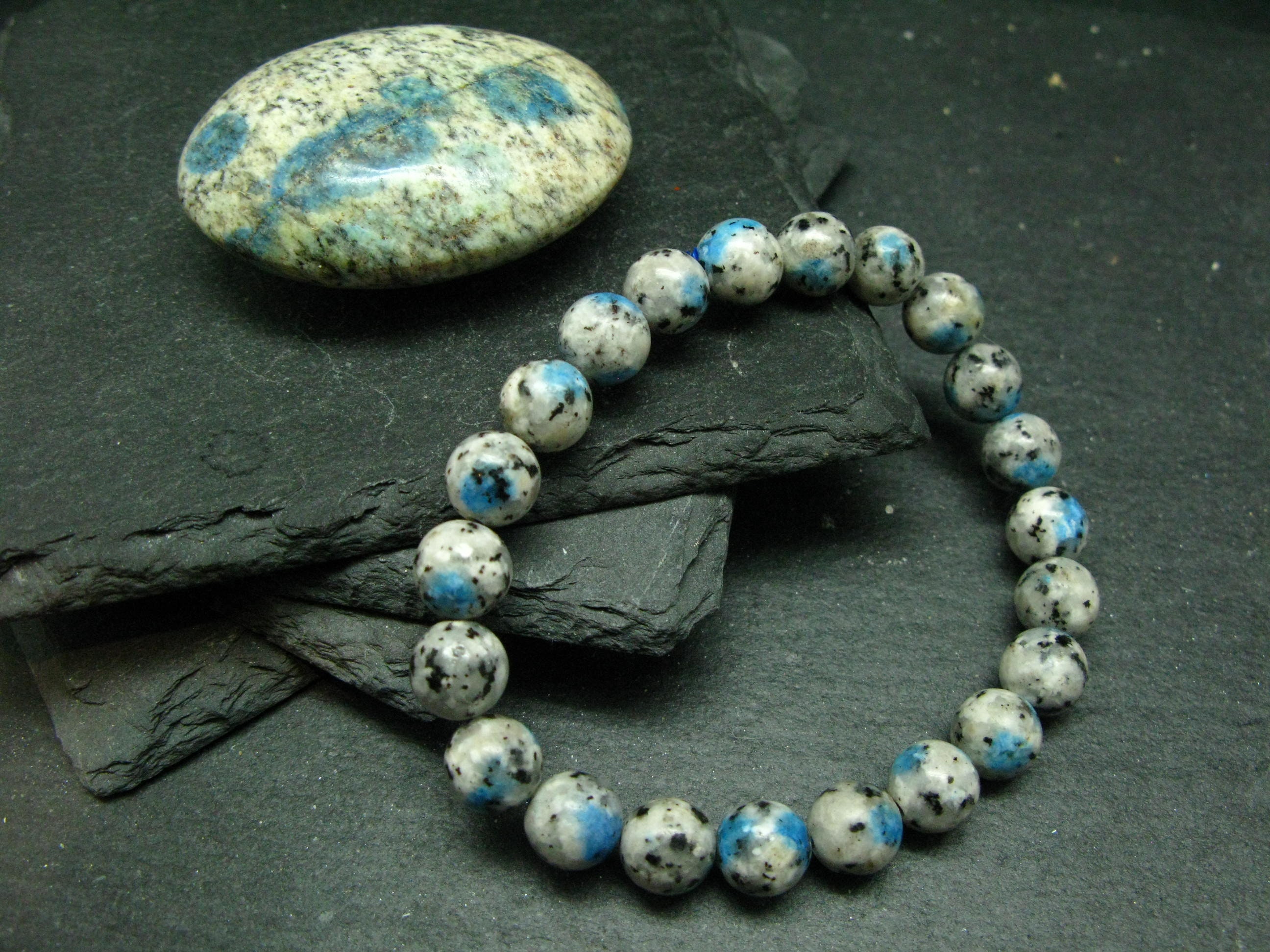 K2 Azurite In Granite Genuine Bracelet ~ 7 Inches ~ 8mm Round Beads
