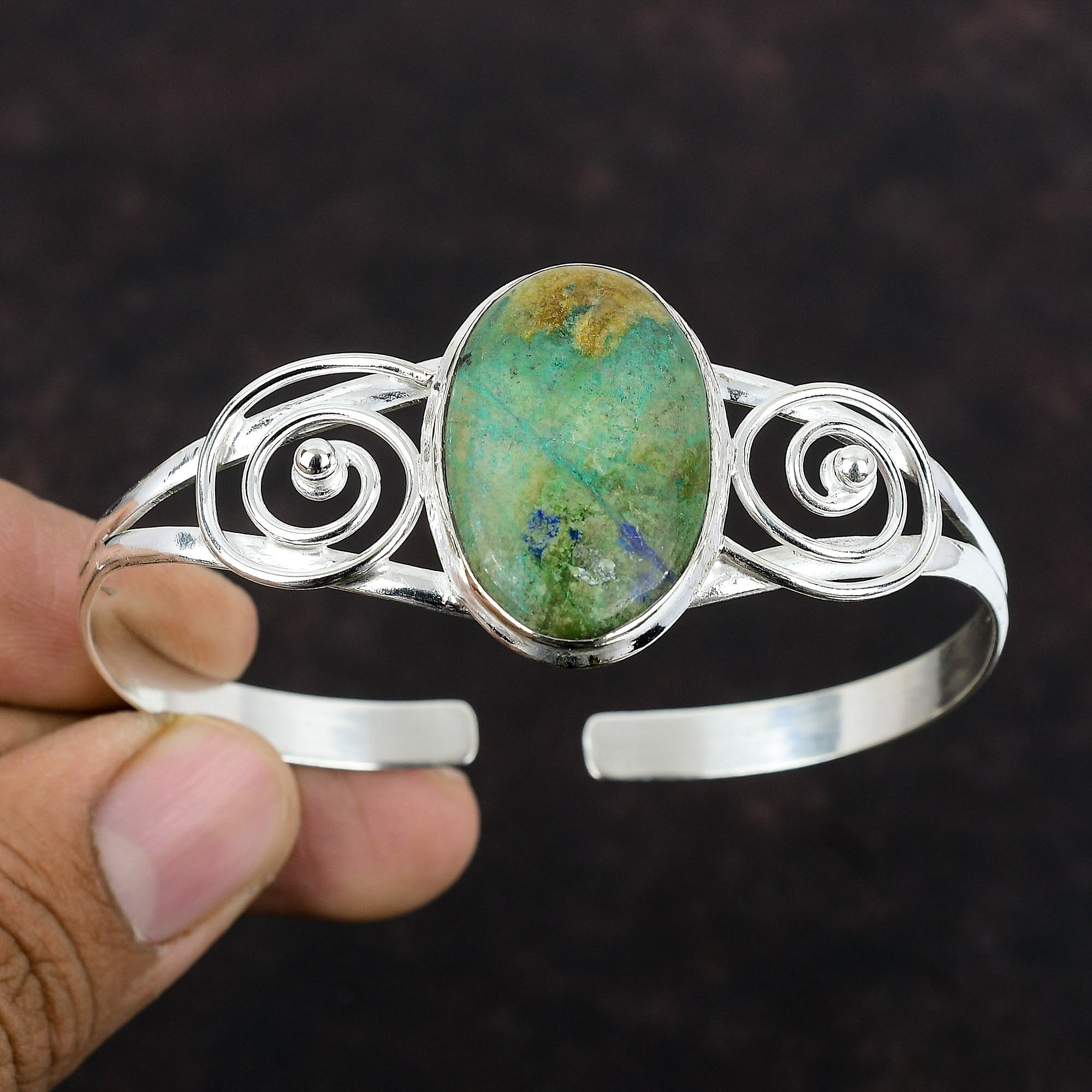 Azurite Malachite Bangle: Handmade 925 Sterling Silver Cuff Bracelet