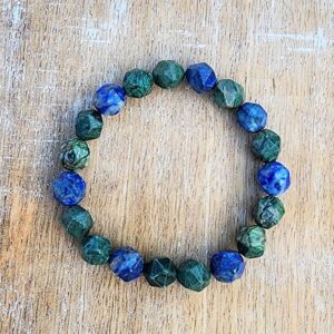 Azurite Malachite Beaded Gemstone Bracelet, Star Cut Gemstone Bracelet, 10mm Blue and Green Gemstone Stretch Bracelet, Unique Shape Bracelet