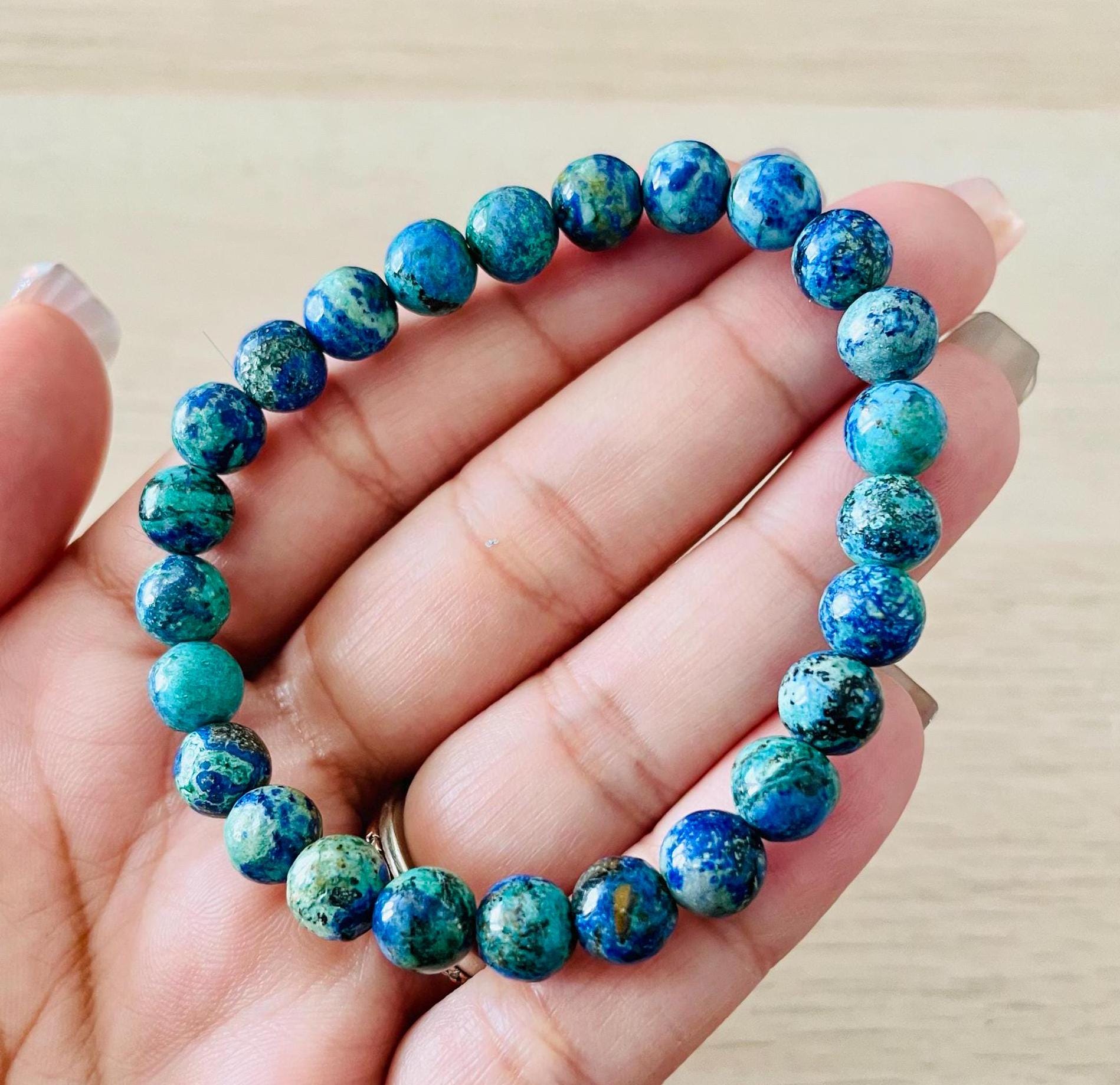 Azurite Malachite Bracelet: Blue Green Gemstone, 7.5mm Beads