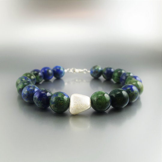Statement Bracelet Azurite Malachite Silver Nugget Unique Gift For Her Or Him Deep Blue And Green Natural Combination Gemstone Ddp Us Paid