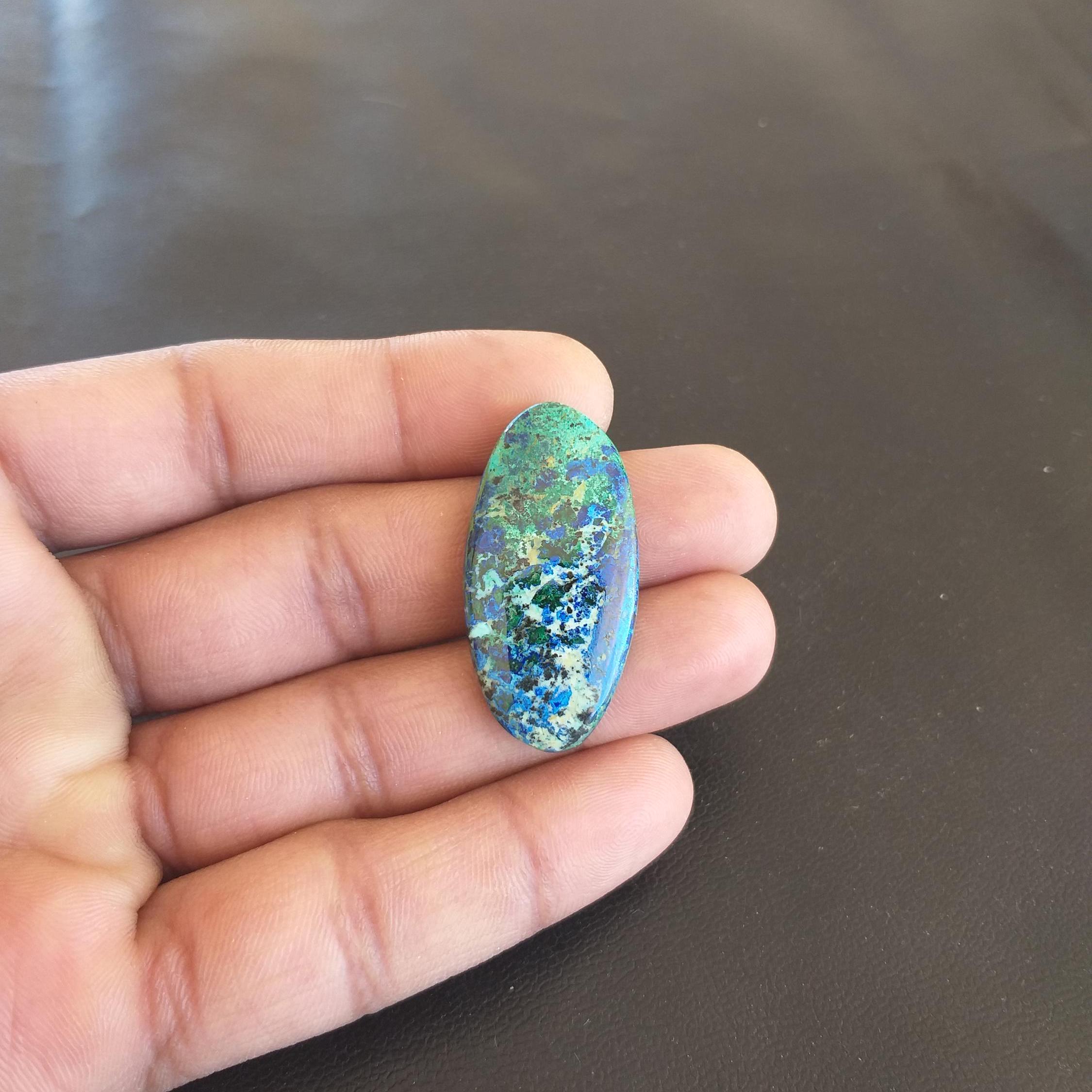 Azurite Malachite Cabochon: Oval Gemstone, Handmade (37x19x6 Mm, 40 Carat)