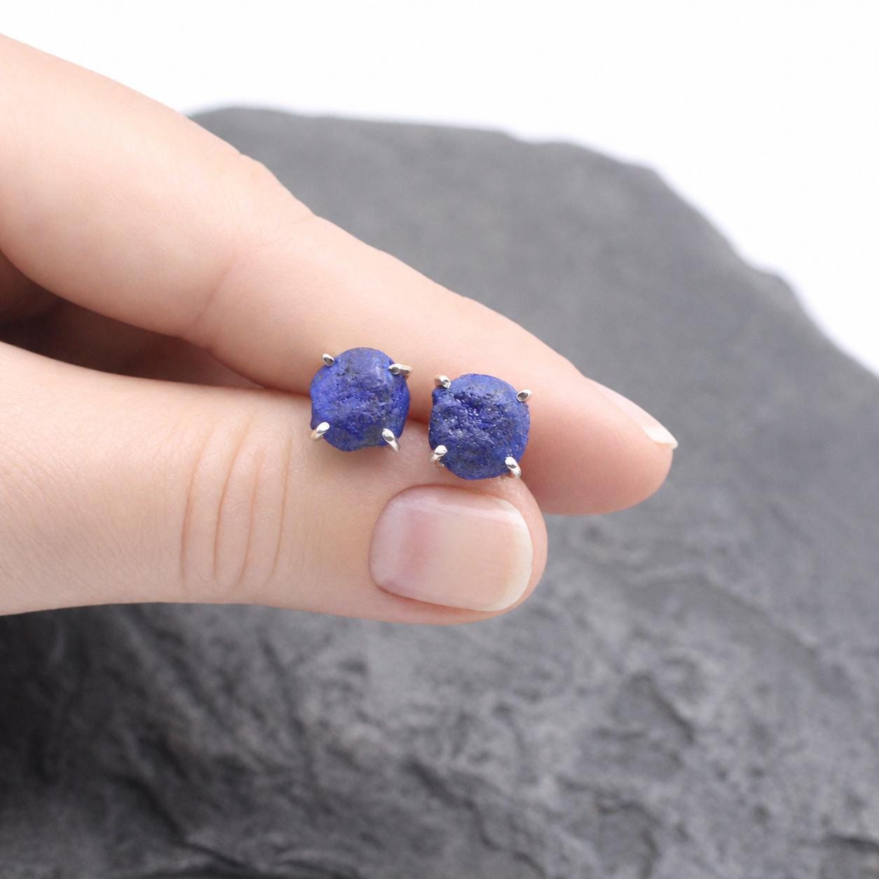 Blue - Beautiful Natural Blueberry Azurite Sterling Silver Stud Earrings Blue - Beautiful Natural Blueberry Azurite Sterling Silver Stud Earrings