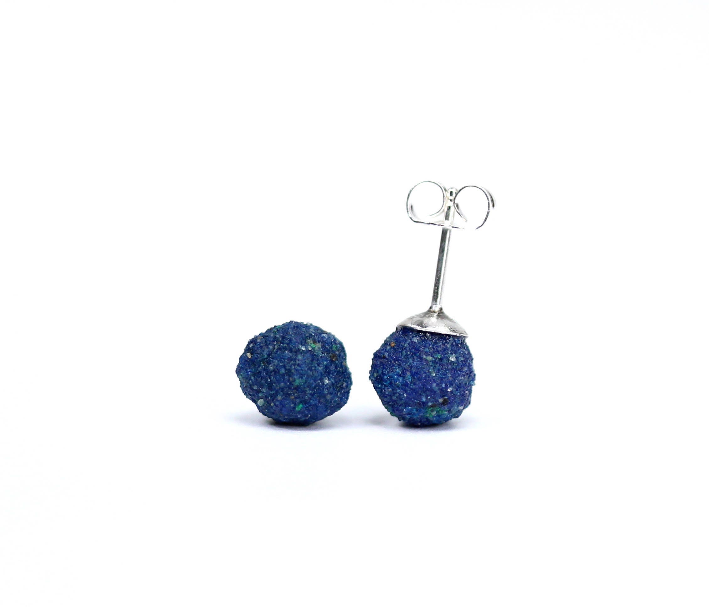 Azurite Earrings - Blueberry Earrings - Silver Ball Earrings - Blue Stone Earrings - Raw Crystal Earrings - Ball Earrings - Boho Earrings