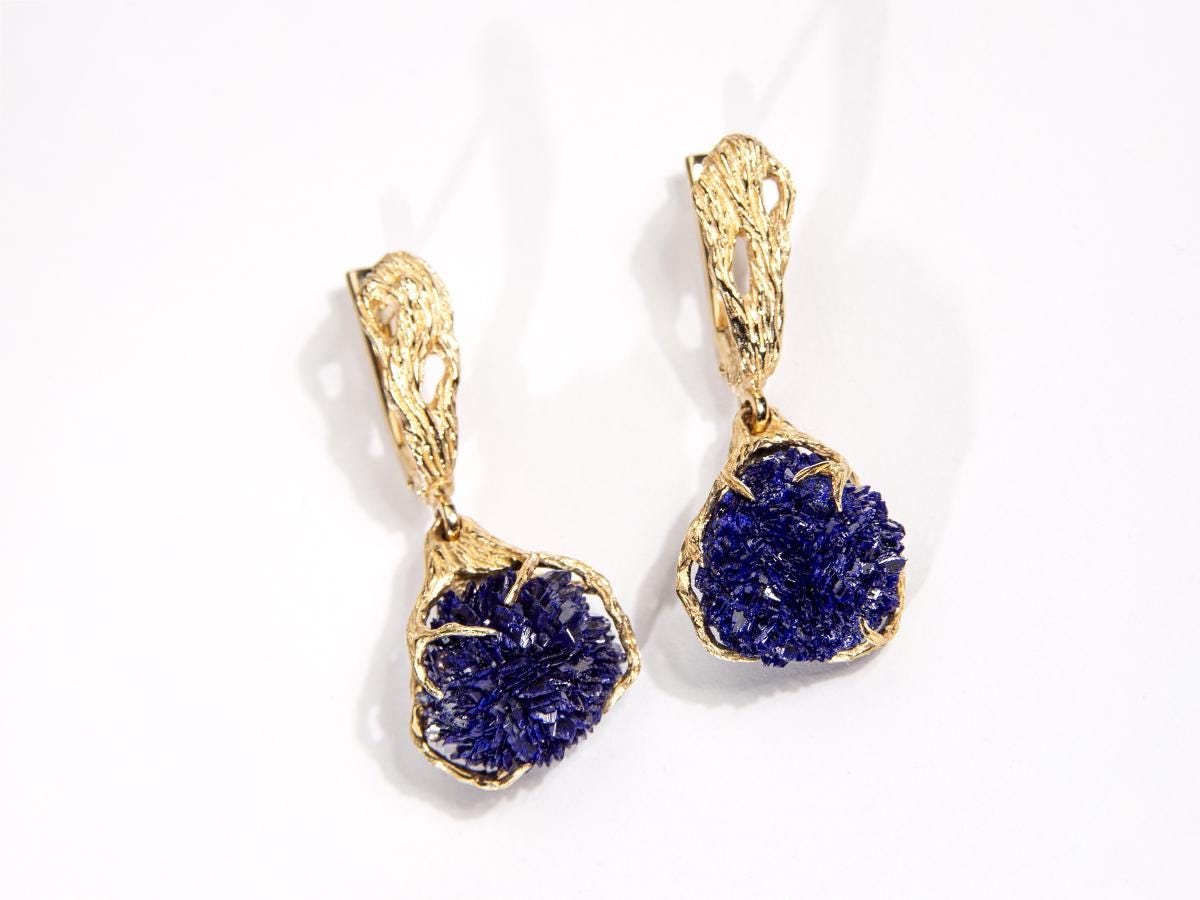 Azurite Gold Earrings Blue Gemstone 14k Yellow Gold