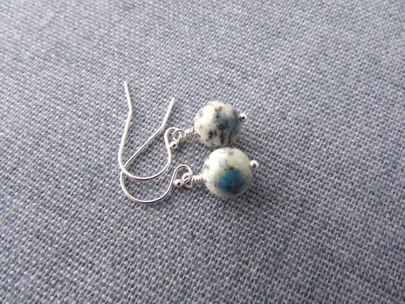 K2 Stone Earrings, Azurite In Granite, Small And Simple Gemstone Earrings