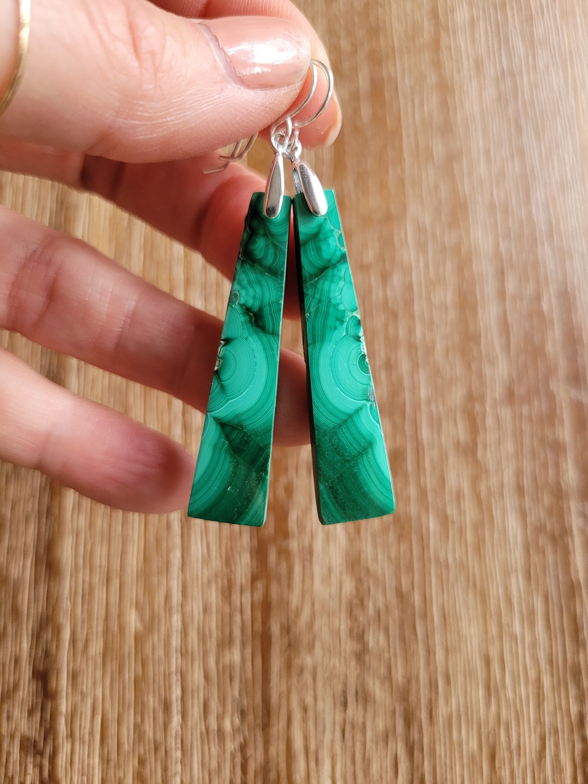 Long Trapazoid Azurite Malachite Earrings. Sterling Silver Green Earrings