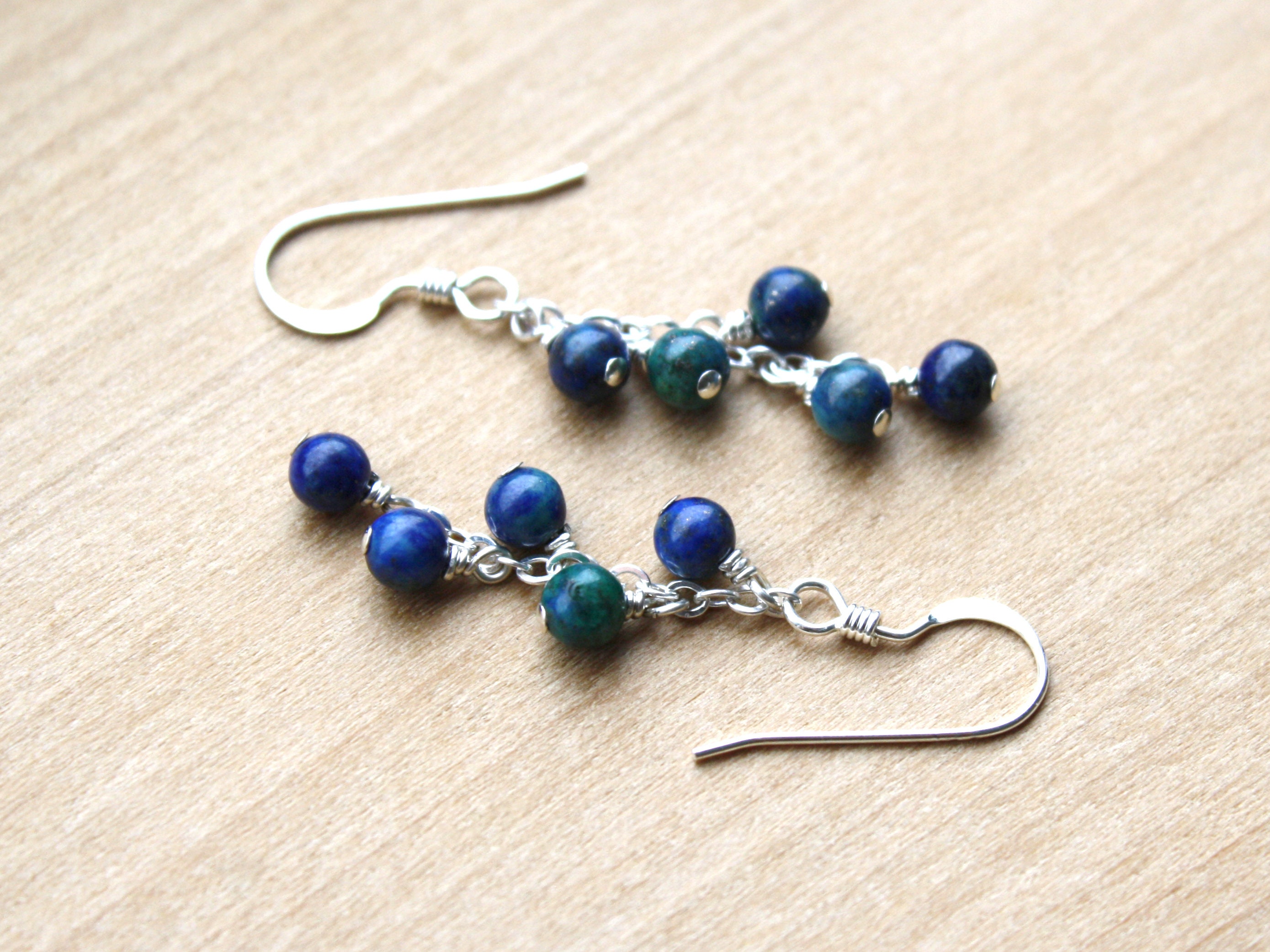 Azurite Malachite Earrings In Sterling Silver . Dainty Gemstone Earrings