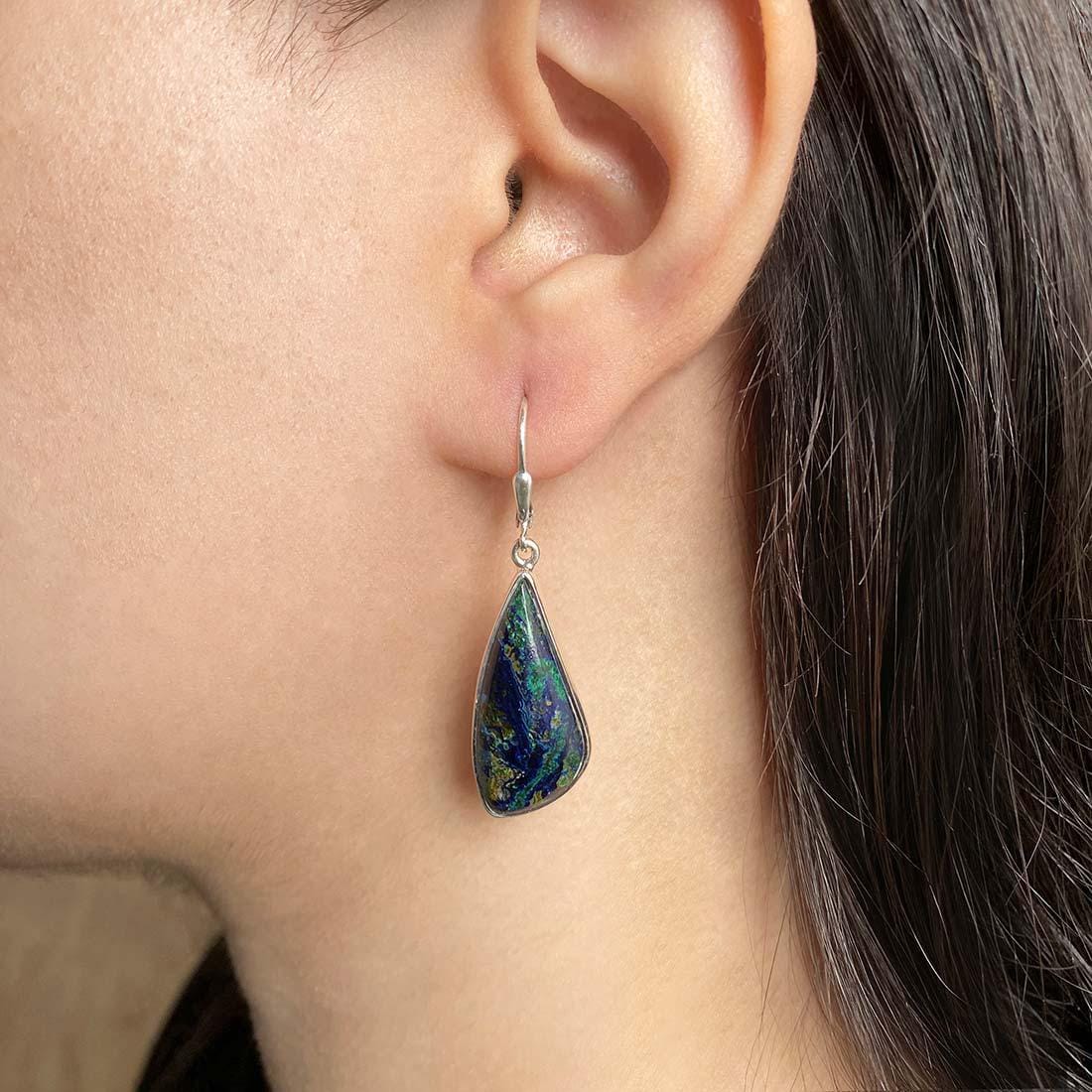 Azurite Malachite Leverback Earring / 925 Sterling Silver / Healing Gemstone / Gift For Her / Natural Gemstone / Statement Earring Azm-e-8.