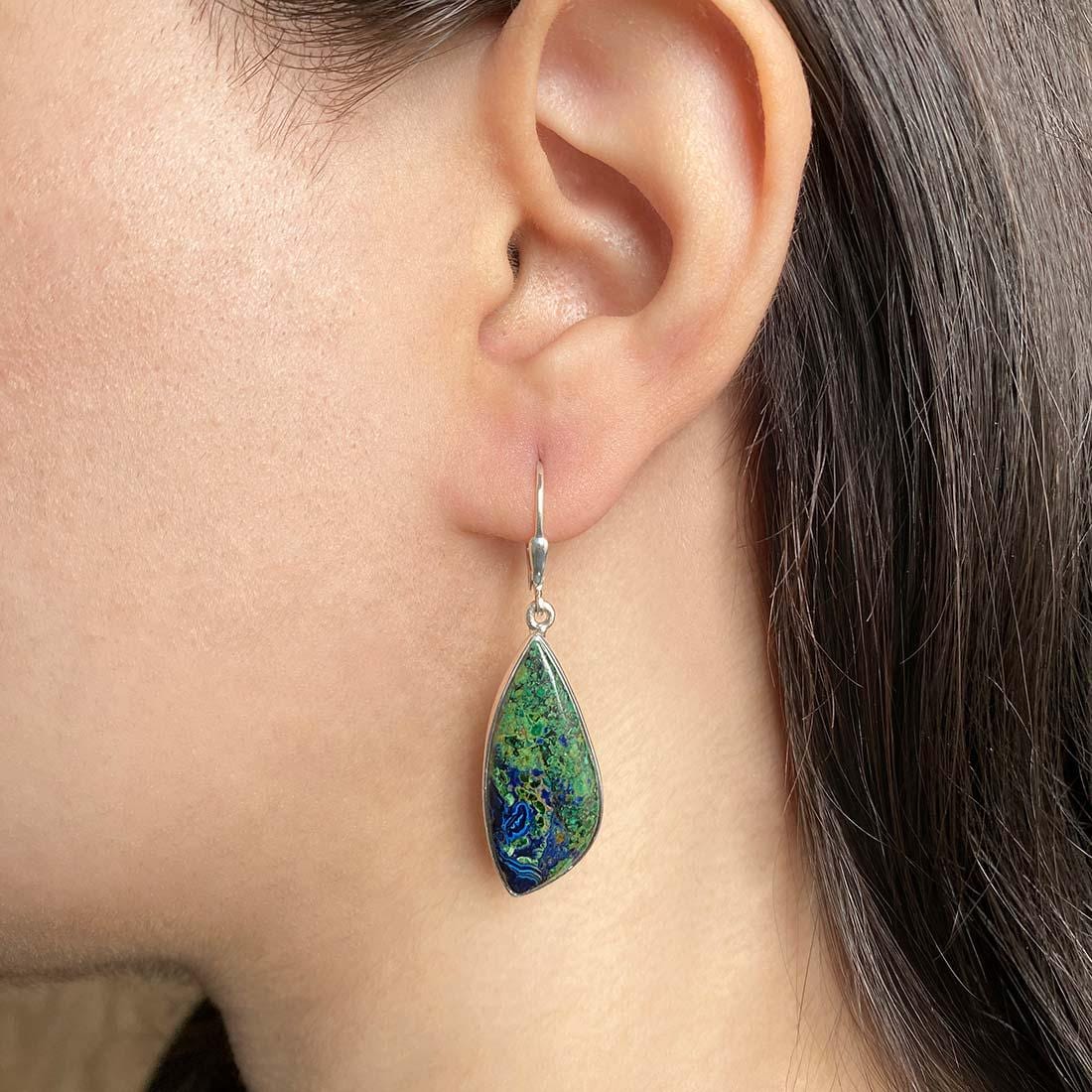 Azurite Malachite Leverback Earring / 925 Sterling Silver / Healing Gemstone / Gift For Her / Natural Gemstone / Statement Earring Azm-e-4.
