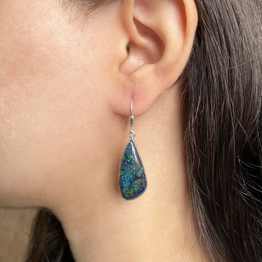 Azurite Malachite Leverback Earring / 925 Sterling Silver / Healing Gemstone / Gift For Her / Natural Gemstone / Statement Earring Azm-e-6.
