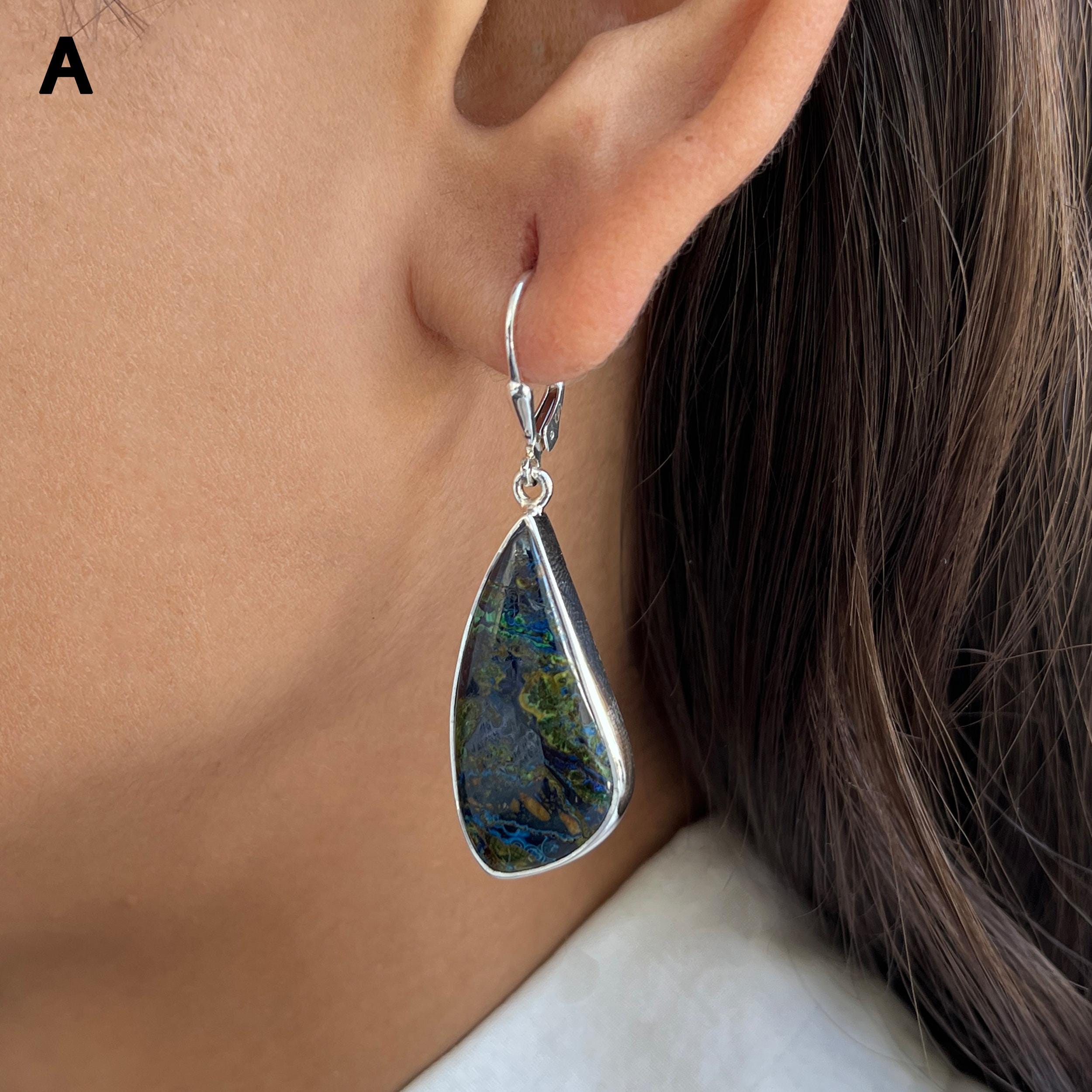 Azurite Malachite Leverback Earring / 925 Sterling Silver / Healing Gemstone / Gift For Her / Natural Gemstone / Statement Earring Azurite Malachite Leverback Earring / 925 Sterling Silver / Healing Gemstone / Gift For Her / Natural Gemstone / Statement Earring