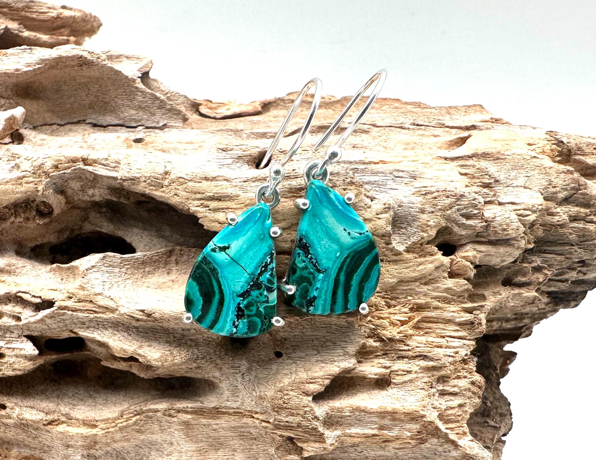 Azurite Malachite Sterling Silver Earrings, Freeform Dangle (15mm) Azurite Malachite Sterling Silver Earrings, Freeform Dangle (15mm)