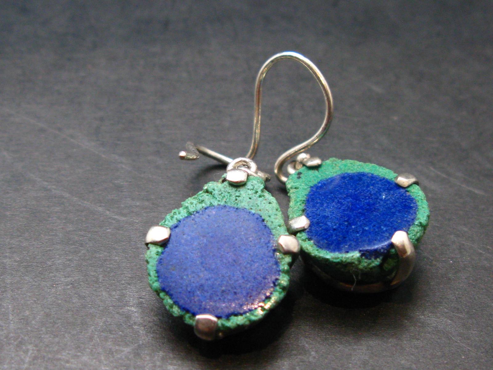 Natural Raw Deep Blue Azurite With Green Malachite Earrings In Sterling Silver From Mexico - 1.4"