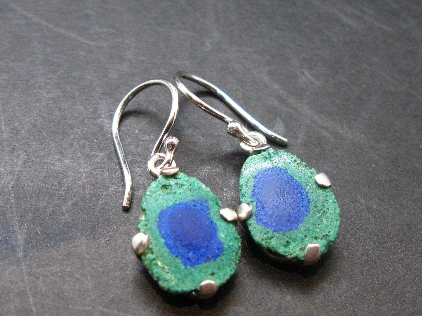 Natural Raw Deep Blue Azurite With Green Malachite Earrings In Sterling Silver From Mexico - 1.3"