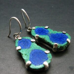 Natural Raw Deep Blue Azurite With Green Malachite Earrings In Sterling Silver From Mexico - 1.7"
