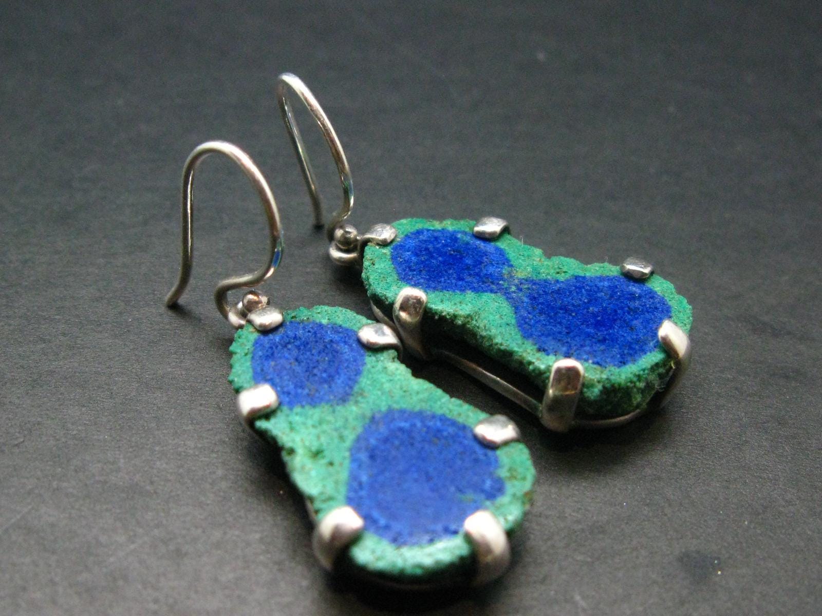 Natural Raw Deep Blue Azurite With Green Malachite Earrings In Sterling Silver From Mexico - 1.7"
