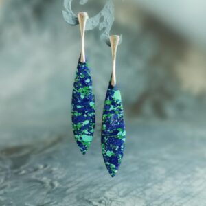 Natural Azurite Earrings Sterling Silver Stud Earrings Healing Crystal Extra Long Earrings Blue And Green Gemstone Earrings Gifts For Her