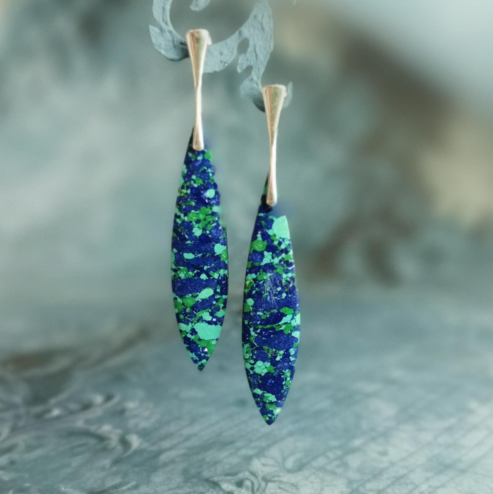 Natural Azurite Earrings Sterling Silver Stud Earrings Healing Crystal Extra Long Earrings Blue And Green Gemstone Earrings Gifts For Her