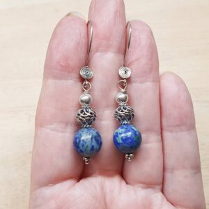 Azurite earrings. Blue green silver Sphere Dangle drop earrings for women