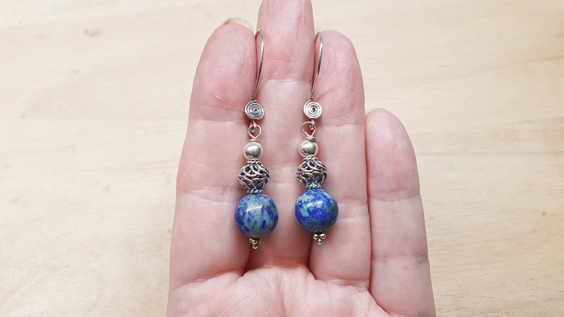 Azurite Earrings. Blue Green Silver Sphere Dangle Drop Earrings For Women