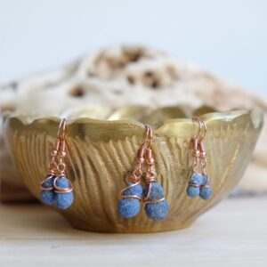 Raw Blue Azurite Twin Blueberries Pure Raw Copper Wire Wrap Dangle Drop Earrings