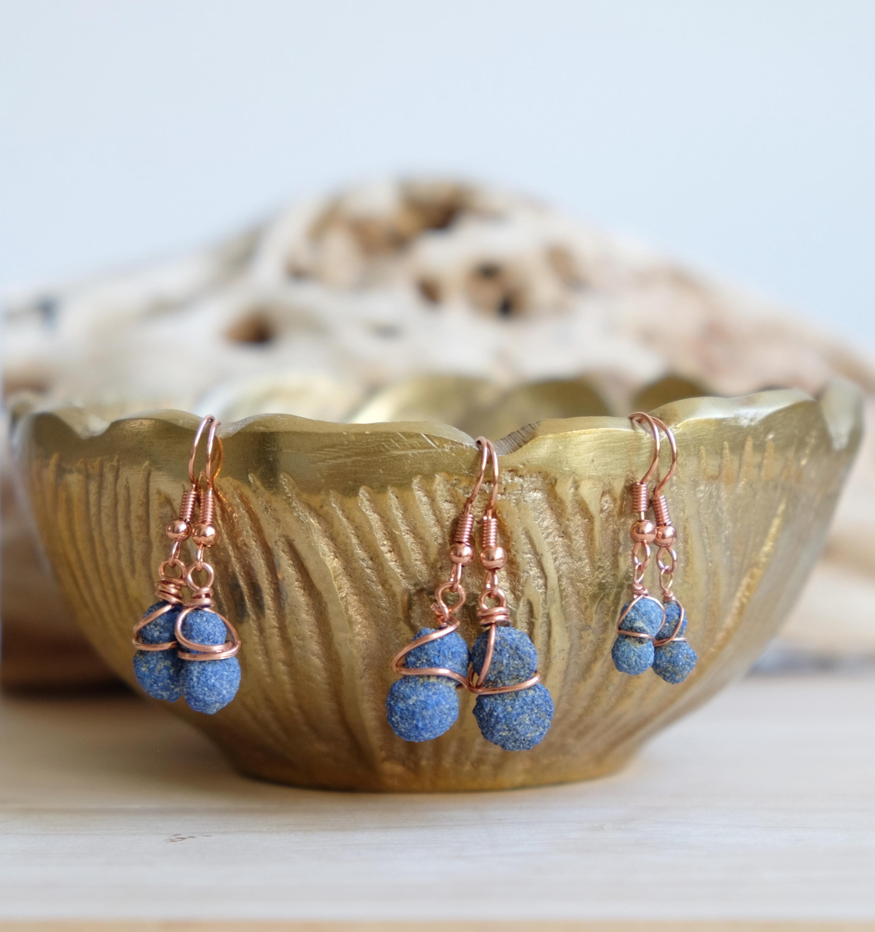 Raw Blue Azurite Twin Blueberries Pure Raw Copper Wire Wrap Dangle Drop Earrings Raw Blue Azurite Twin Blueberries Pure Raw Copper Wire Wrap Dangle Drop Earrings