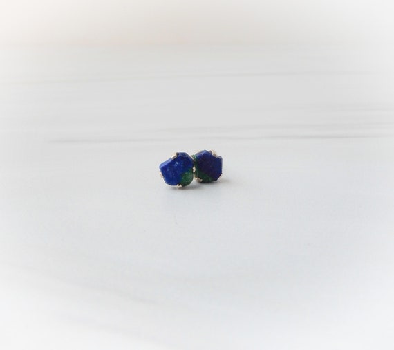 Raw Gemstone Earrings Sterling Silver • Raw Azurite Malachite Stud Earrings • Healing Gemstone, Sterling Gemstone Stud Earrings • Great Gift