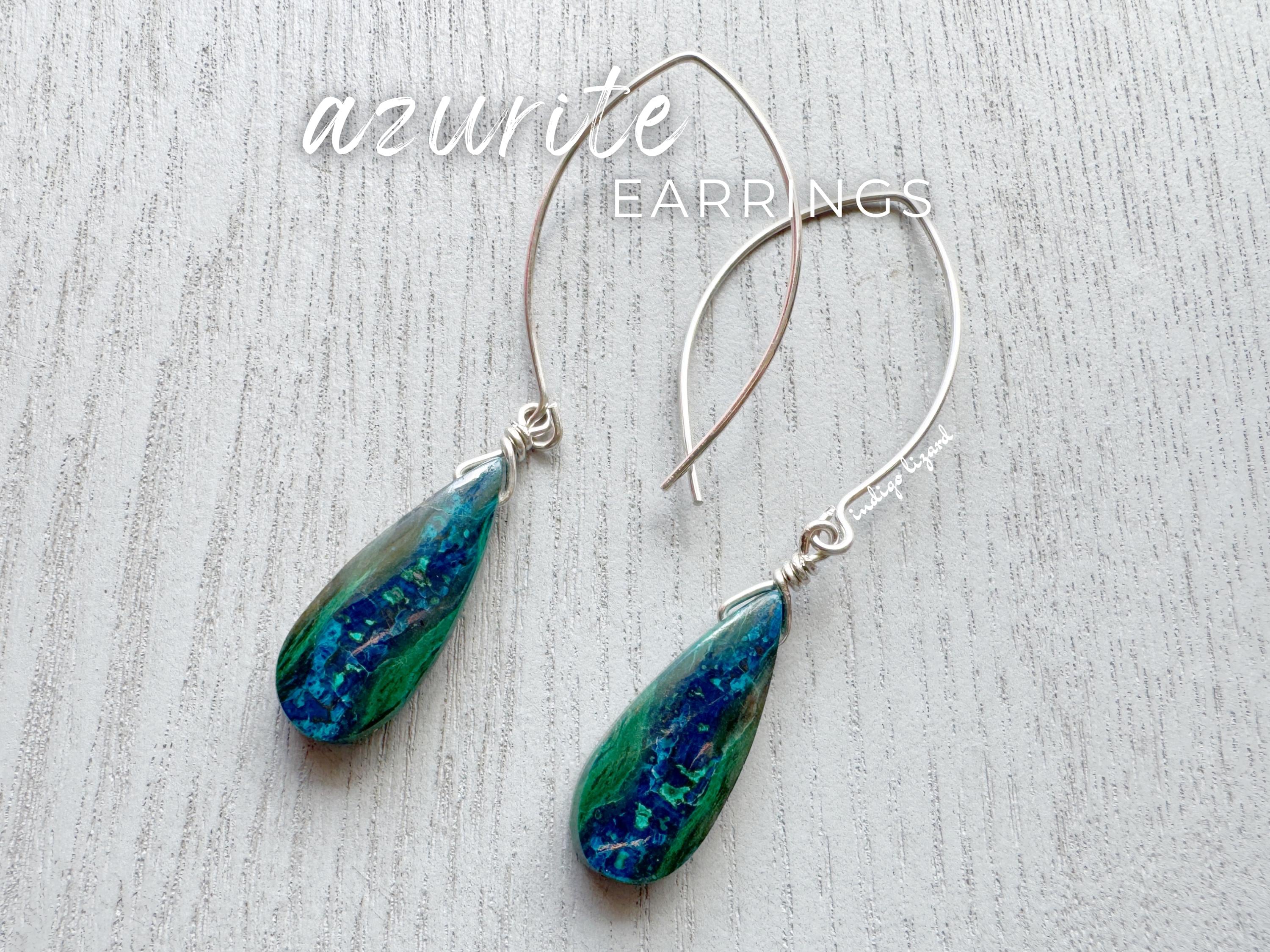 Raw Azurite Earrings Sterling Silver Wrapped Blue Stone Earrings, Azurite Stone Jewelry, Blue Crystal Gemstone Dangle Earrings Exact Pair
