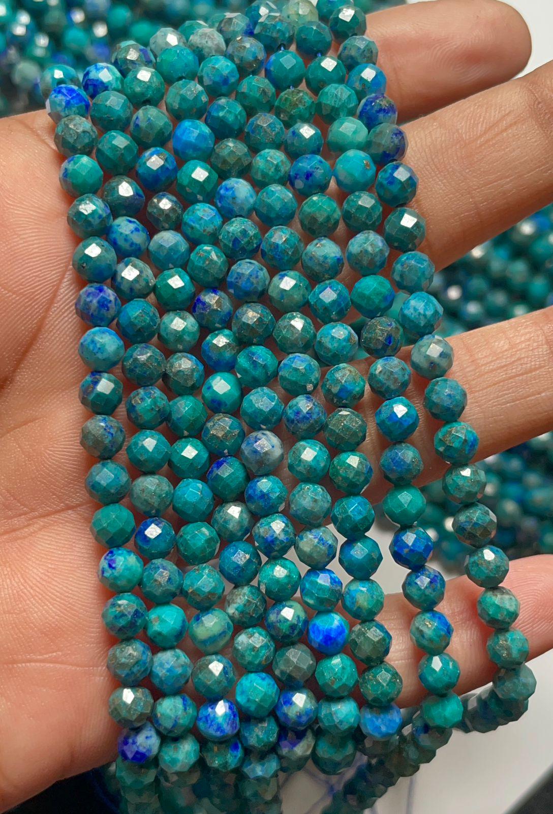 Natural Azurite Faceted Round Shape Gemstone Beads Size-4 Mm, 15 Inch Strand For Making Jewelry